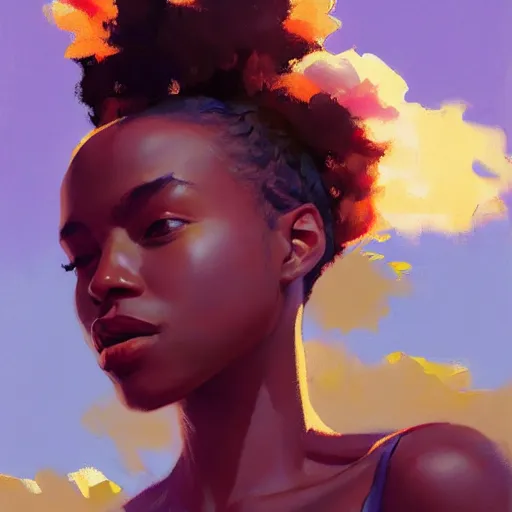 Prompt: Greg Manchess portrait painting of an afropunk teenager girl character, medium shot, asymmetrical, profile picture, Organic Painting, sunset sunny day, matte painting, bold shapes, hard edges, detailed, street art, trending on artstation, by Huang Guangjian and Gil Elvgren and Sachin Teng