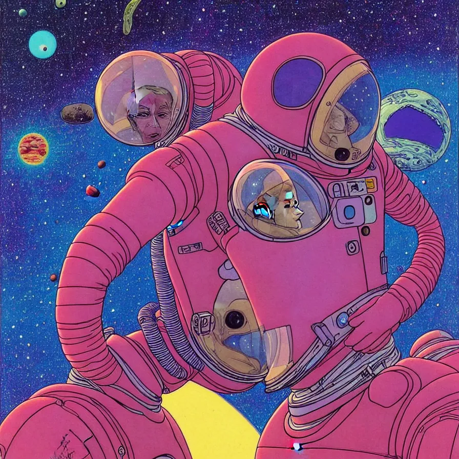 Prompt: ( ( ( ( astronaut talking face to face with a humanoid creature from another planet. ) ) ) ) by mœbius!!!!!!!!!!!!!!!!!!!!!!!!!!!, overdetailed art, colorful, artistic record jacket design