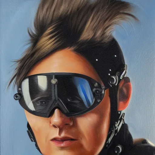 Prompt: square - jawed emotionless serious blonde woman starship engineer, tribal tattoos, handsome, short slicked - back hair, uncomfortable and anxious, looking distracted and awkward, wearing victorian dark goggles, flight suit and gloves, highly detailed, oil painting