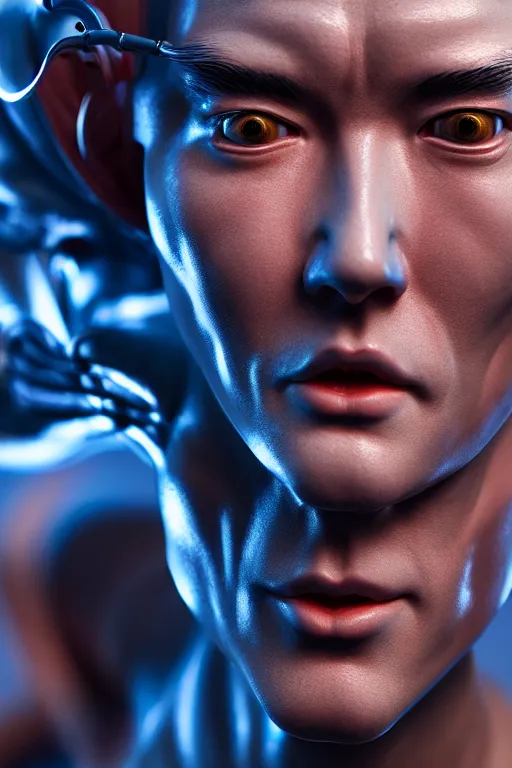 Prompt: hyperrealistic close-up rococo biomechanic! chinese man highly detailed concept art eric zener elson peter cinematic blue lighting high angle hd 8k sharp shallow depth of field