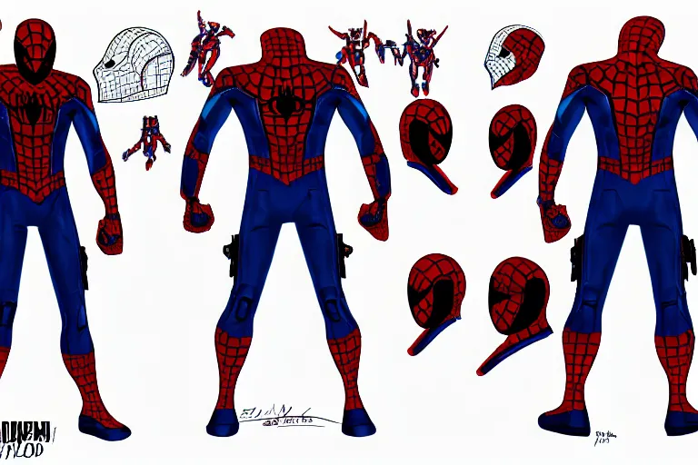 Image similar to concept blueprints for a spiderman venom ironman starlord deadpool suit and helmet