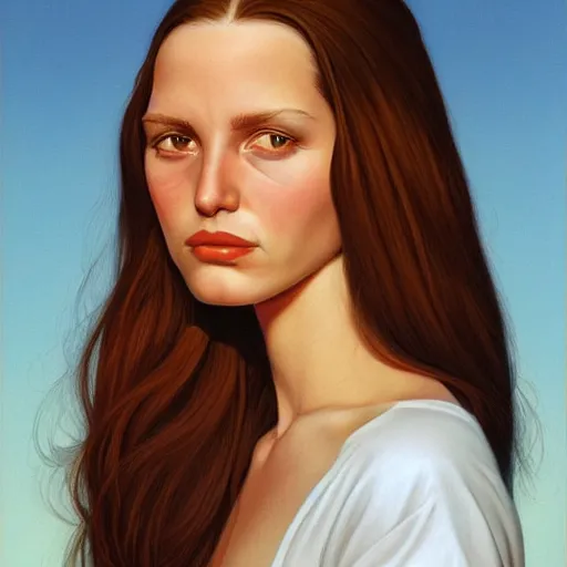 Prompt: a beautiful portrait of a thin, sickly young woman with long brown hair, by greg hildebrandt
