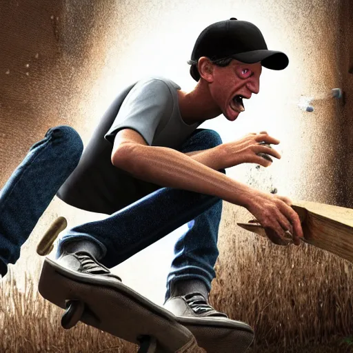 Image similar to tony hawk crying, he is stuck feetfirst in a woodchipper, photograph, hyper realistic, outdoors, midafternoon, 4 k, artstation, unreal engine, cinematic