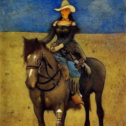 Prompt: cowboy girl riding a horse, by john bauer