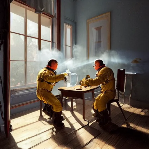 Image similar to 3 cosmonauts in a spacesuit drinks a steaming cup of tea at an old wooden desk in a richly decorated victorian house. the autumn light comes in through a window and dimly illuminates the room, diffuse light, octane render