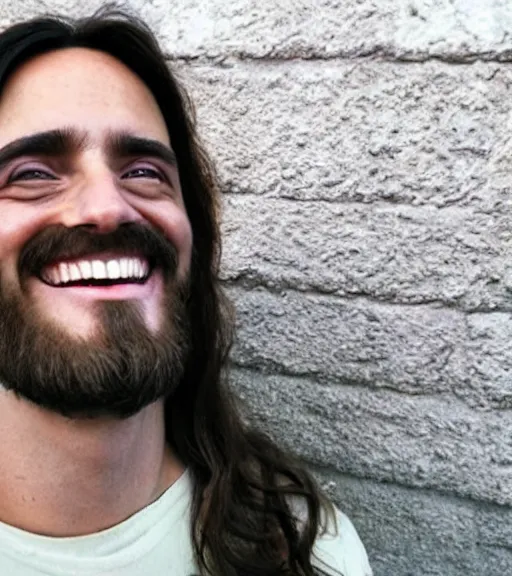 Image similar to Jesus taking a selfie. He is laughing because see a meme.no letters, Professional photo