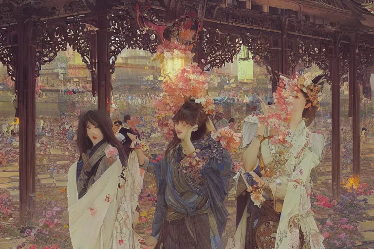 Image similar to a beautiful realistic painting of osaka castle festival, intricate, elegant, highly detailed, digital painting, artstation, concept art, by krenz cushart and artem demura and alphonse mucha