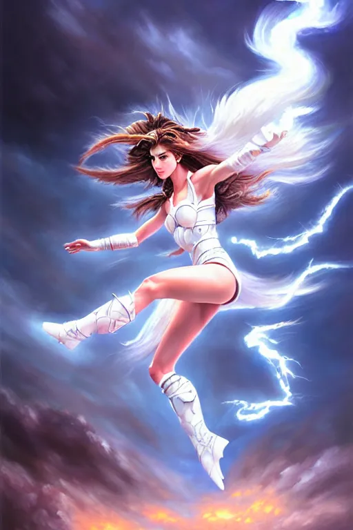 Prompt: oil painting, white, sakimi chan, jumping, fantasy armor, detailed face, tony sart, wind, lightning, dramatic lighting