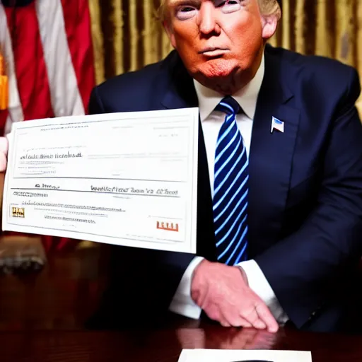 Image similar to full body photo of a donald trump receiving brown corruption envelope in a realistic photo style