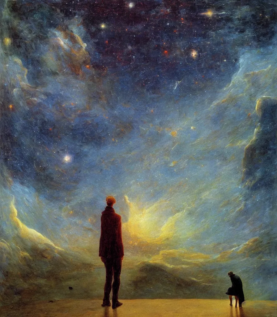 Image similar to an impasto oil painting of a futuristic wanderer gazing into a the universe painted by caspar david friedrich, light colors, starts, galaxy, impressionism