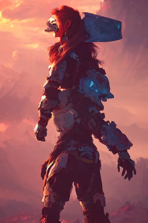 Image similar to combination suit armor aloy horizon forbidden west horizon zero dawn radiating a glowing aura global illumination ray tracing hdr fanart arstation by ian pesty and alena aenami artworks in 4 k tribal robot ninja mask helmet backpack