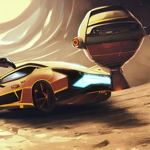 Image similar to harry potter driving a lamborghini in a space station on mars, highly detailed, digital art, trending on artstation