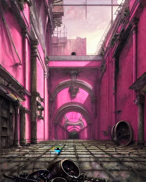 Prompt: hyperrealistic hyperdetailed rococo mecha iridescent pink coming out of dystopian city ruins concept art santiago caruso de chirico sharp very dramatic green light 8k low angle shallow depth of field