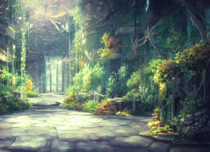 Image similar to anime background clean neat clarity professional visual development set design, large hall, sparse plants, dim painterly lighting volumetric aquatics, impasto, trending on pixiv