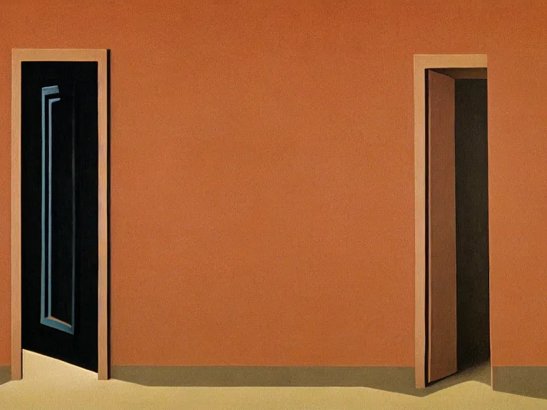 Image similar to an open door to nothingness in brick wall with endless hallway inside, painting by rene magritte, centered, high detail, high resolution