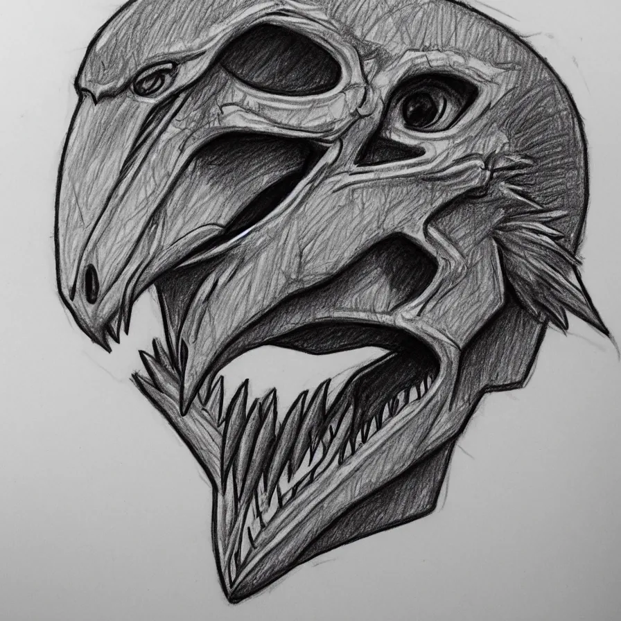 Image similar to pencil sketch of a stylized velociraptor skull