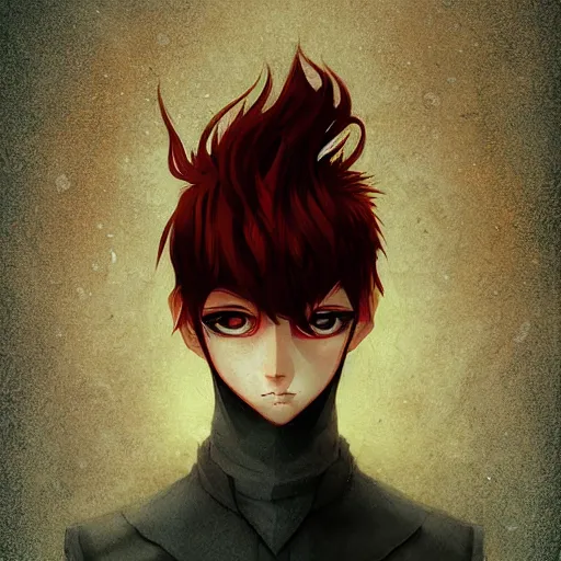 Image similar to headshot portrait of male anime character extremely sharp jaws slit yellow eyes medium length red hair inspired by tom hiddleston senyum palsu karakter anime by anato finnstark, tom bagshaw, brom