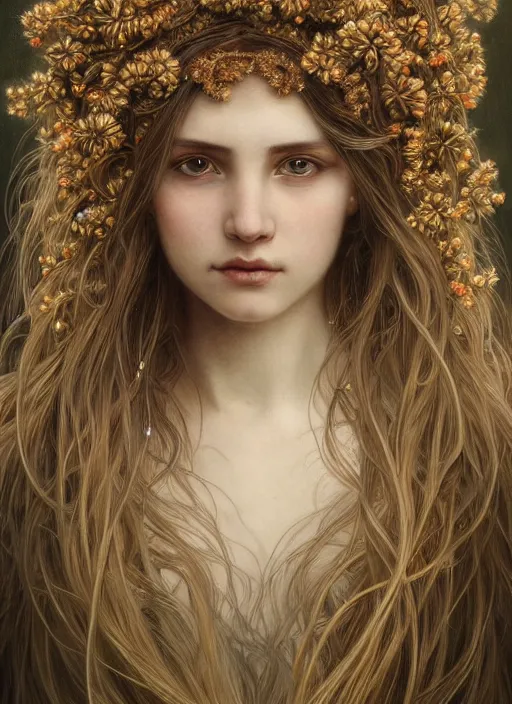Prompt: portrait of a beautiful slavic girl wearing a wheat wreath with long tangles of beautiful pale hair and earrings, sharp eyes, hyper realistic face, fantasy art, greg rutkowski, intricate, alphonse mucha, hyper detailed engraving, concept art, elden ring, illustration, smooth, sharp focus, by gustave dore and greg rutkowski