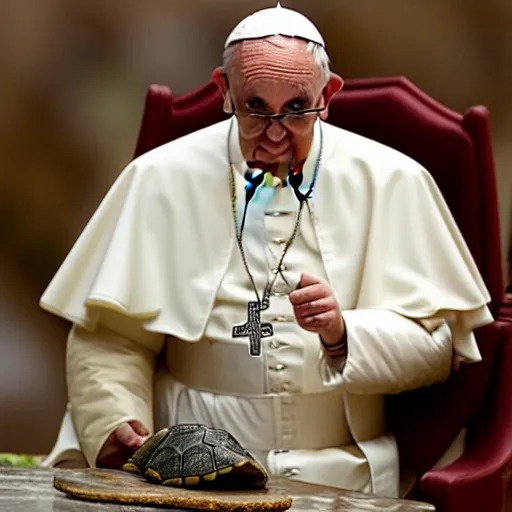 Image similar to the pope playing with his new pet turtle, photography, 8k hd resolution