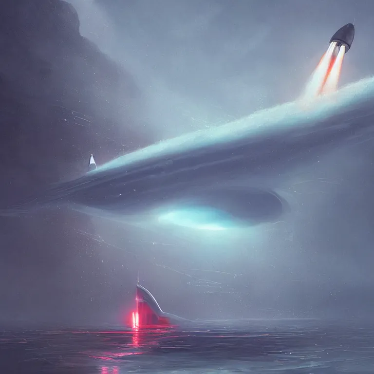 Image similar to mechanical spaceship called the nautilus dripping wet emerging from a the ocean, launching to space, big booster rocket engines, sci - fi concept art, by john harris, by simon stalenhag, stunning, award winning