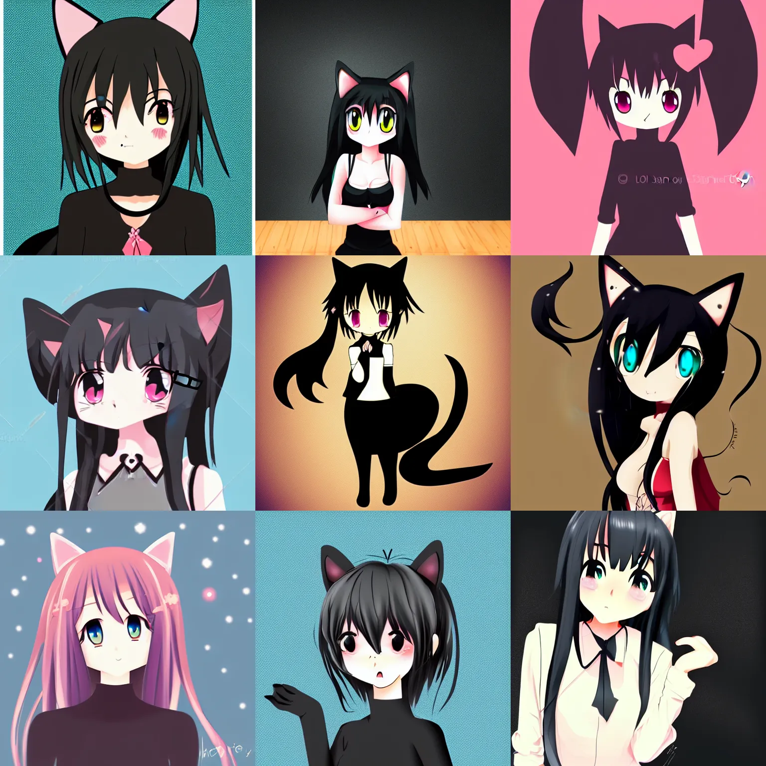 Image similar to cute, female, anime style, a salem black cat girl, beautiful lighting, sharp focus, simple background, creative