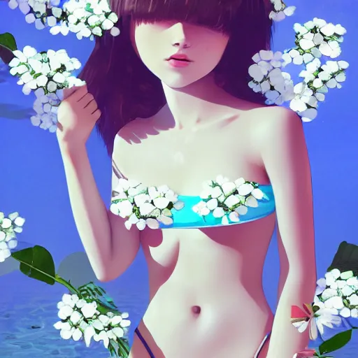 Image similar to girl wearing an bikini made of white flowers, art made by ilya kuvshinov,