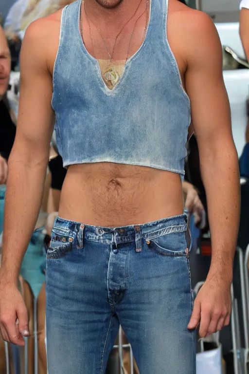 Image similar to Ryan Gosling as Ken with blonde hair, muscular, wearing a cut-off 90s styled crop top and jeans, by a swimming pool, shiny metallic glossy skin