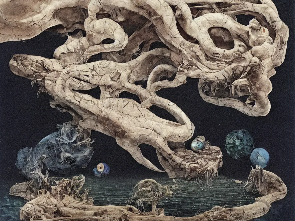 Prompt: Tormented albino bald blue eyed man man tied to an iceberg with the strange reptile, fungi, mollusks creatures of Mars. Surreal, melancholic, vortex river, dark smoke. Painting by Caravaggio, Roger Dean, Escher