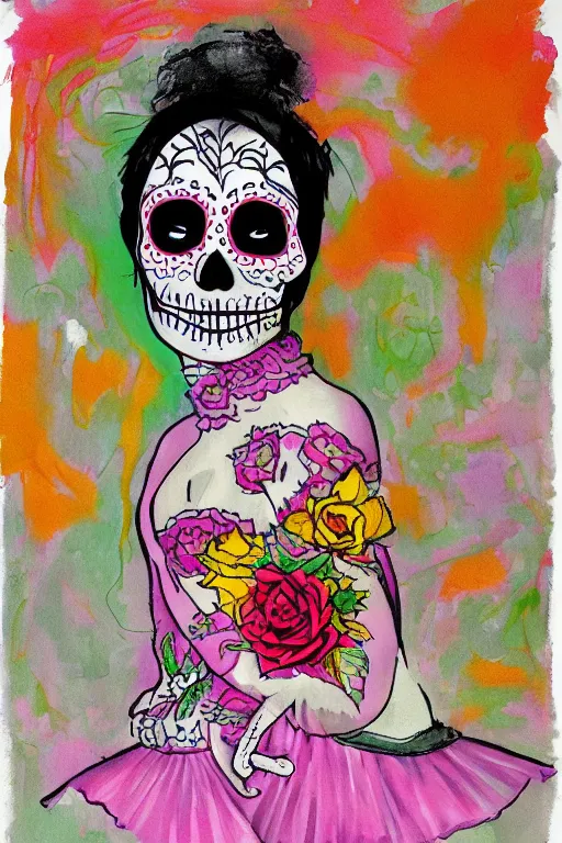 Image similar to illustration of a sugar skull day of the dead girl, art by francis bacon