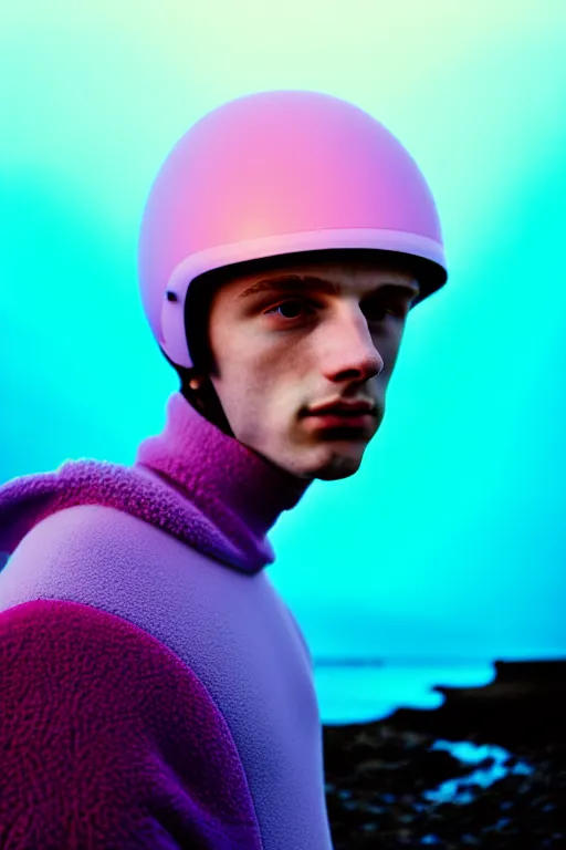 Prompt: high quality pastel coloured film mid angle portrait photograph of a beautiful young 2 0 year old male, soft features, short hair, rubber bike helmet and oversized inflated clothing!!!! icelandic black! rock pool environment. atmospheric three point light. photographic. art directed. ( pastel colours ). volumetric. clearcoat. waves. 8 k. filmic.