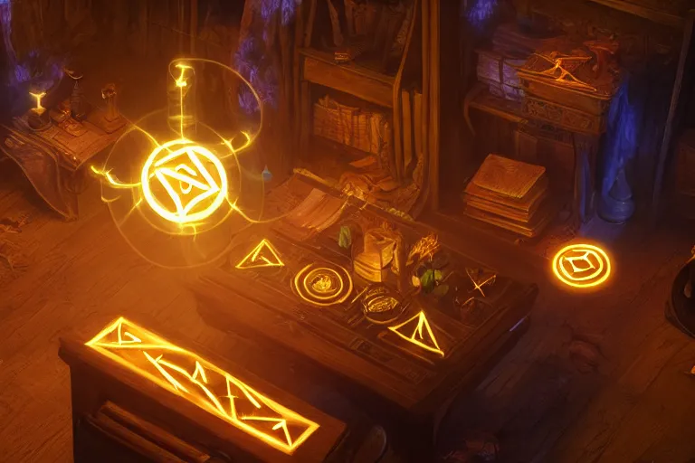 Image similar to A skilled sorcerer in their study, drawing glowing magic runic symbols in the air, enchanting objects with glyph magic, D&D fantasy setting, 4k