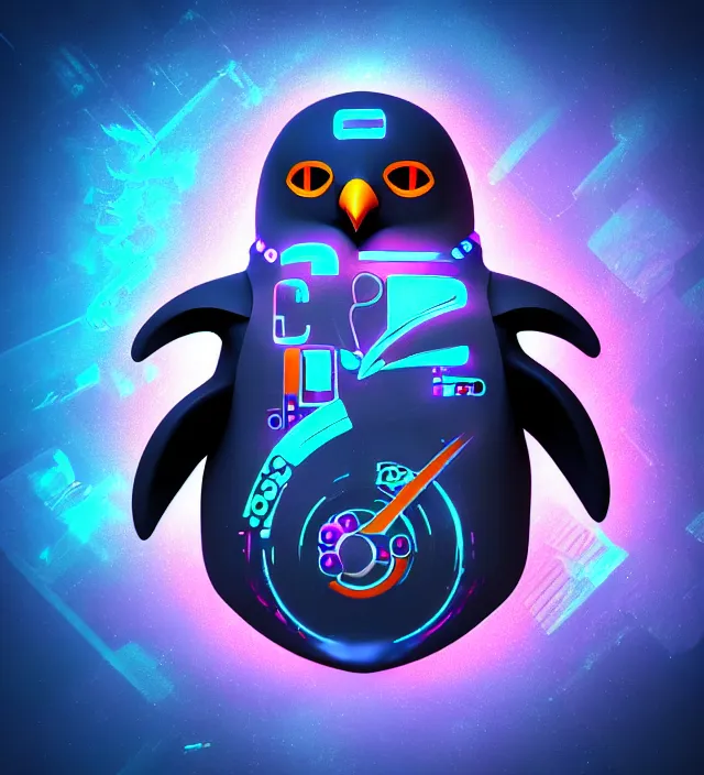 Prompt: studio beautiful cyberpunk esports penguin logo for a penguin!!!!!! studio level special effects and particles, intricate!!!!! professional, global illumination, cinematic, complex design!!!! octane render, trending on artstation, coherent, symmetrical, hyperdetailed, epic