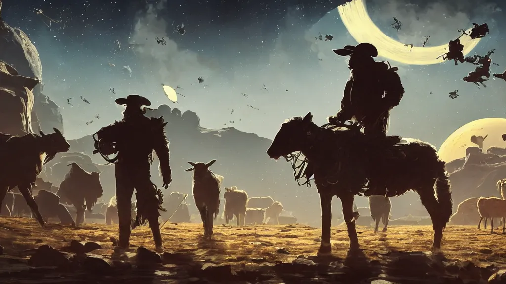 Prompt: Cyberpunk cowboys herding sheep in a No Man's Sky landscape in the style of Frederic Remington