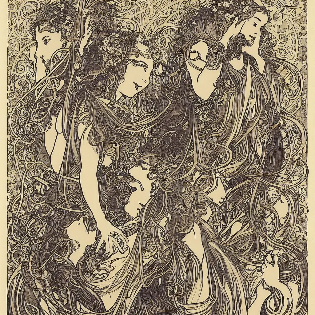 Image similar to organic psychedlic engraving by alphonse mucha and gustave klint