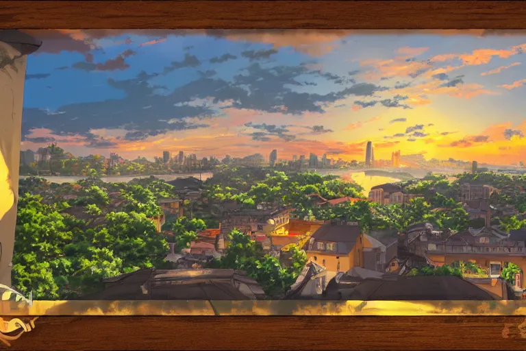 Image similar to anime digital art view from castle balcony sunset overlooking kingdom