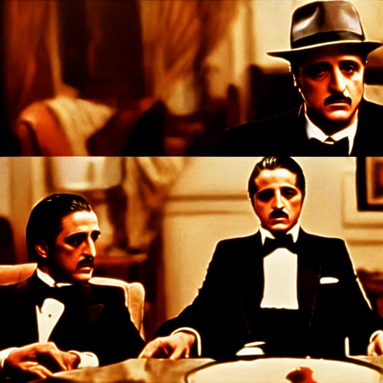 Prompt: cinematic scene screen cap from the godfather, dog in a suit by cassius marcellus coolidge