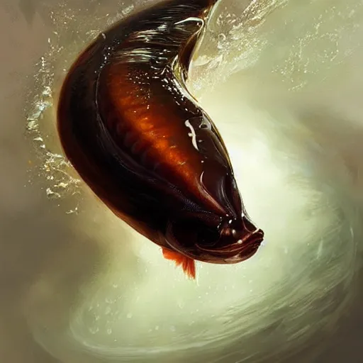 Prompt: a fish covered in chocolate syrup. soft, atmospheric, warm lighting. highly detailed digital painting by mandy jurgens.