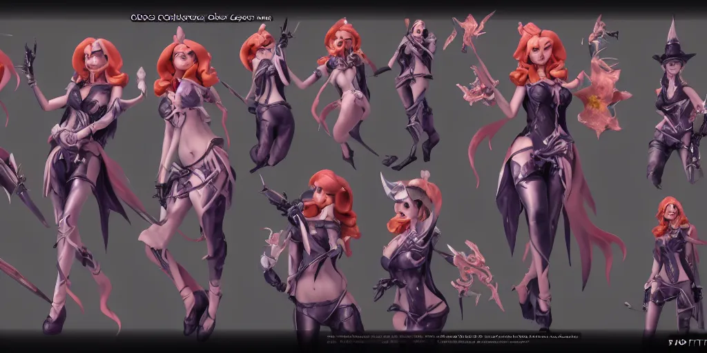 Image similar to Character sheet of coven miss fortune (League of Legends). 3d render, octane render, game art, realistic, highly detailed, trending on artstation, 4k, trending on artstation, pixar, cgsociety, unreal engine 5, redshift render, trending on artstation, blender, behance, cg