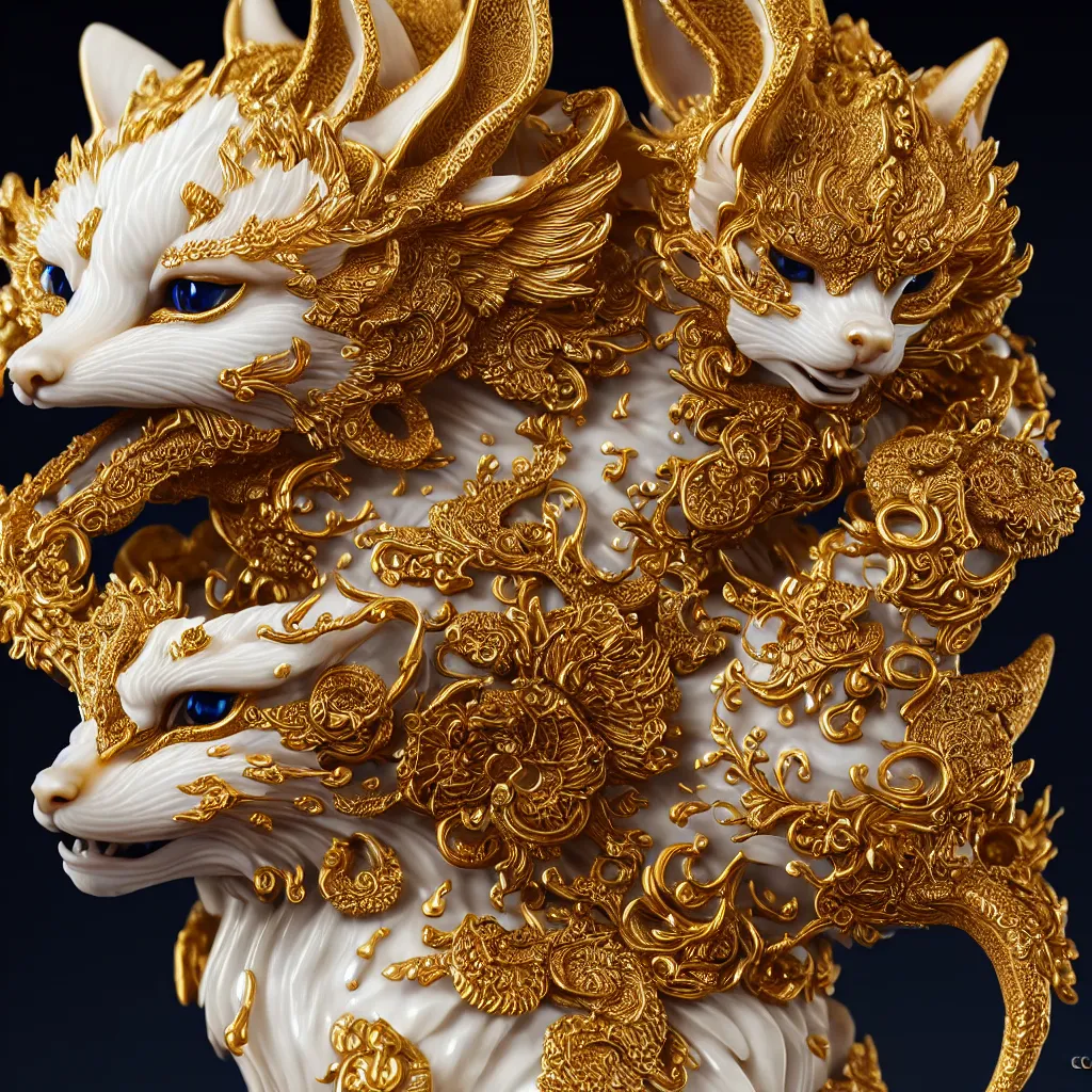 Image similar to a closeup photo - real delicate ceramic porcelain sculpture of an ornate detailed kitsune in front of an intricate background by davinci, micro detail, backlit lighting, subsurface scattering, translucent, thin porcelain, octane renderer, black and blue and gold jewelry, physically based rendering, trending on cgsociety