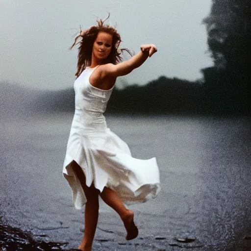 Prompt: portrait shot of young arnold schwarzenegger holding tight in love dancing in the rain with jennifer lawrence beautiful white wet dress, 5 0 mm kodak, beautiful light, best lense, 9 0 s romantic movie, 4 k