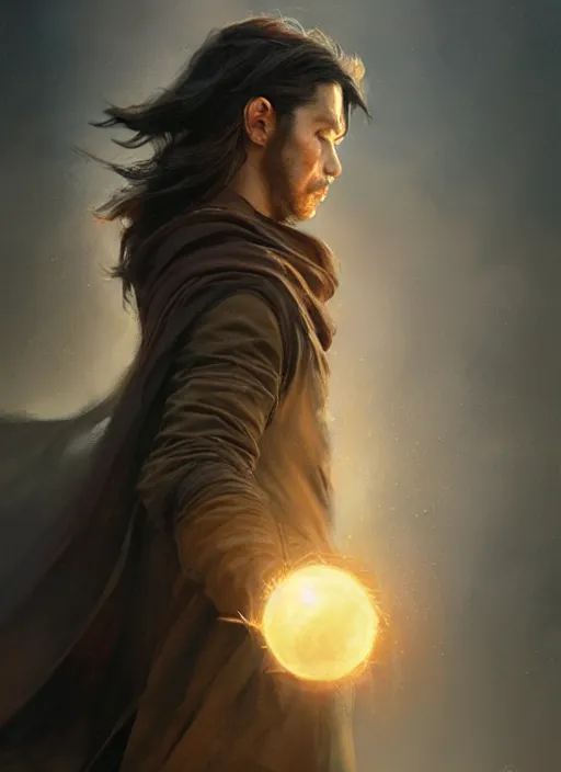 Image similar to side profile of a man with long black hair in brown rags holding a magical orb, fantasy, intricate, sharp focus, lens flare, bloom, illustration, highly detailed, digital painting, concept art, matte, art by ruan jia and wlop and greg rutkowski, masterpiece