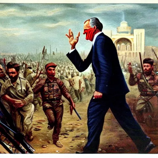 Prompt: Giant George H.W. Bush terrorizes Iraq, oil on canvas, 1883