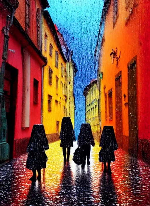Prompt: colored gummy girls walking down a rainy cobbled street in sopron, by james gurney, cyberpunk, dystopian art, epic, dramatic lighting, intricate details, scifi, hd