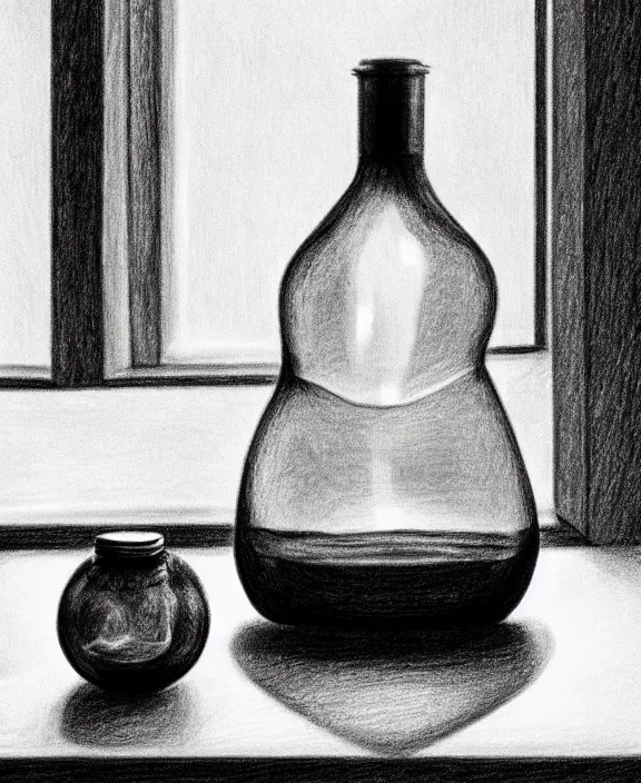 Image similar to a pencil drawing of one round potion bottle on a messy table, sunlight from a window, soft lighting, atmospheric, bottle is the focus. by pen tacular