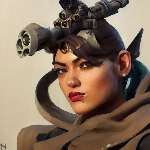 Prompt: greg manchess close - up portrait painting of a beautiful female dieselpunk orc with olive green skin as an overwatch character, medium shot, asymmetrical, profile picture, organic painting, sunny day, matte painting, bold shapes, hard edges, street art, trending on artstation, by huang guangjian and gil elvgren and sachin teng