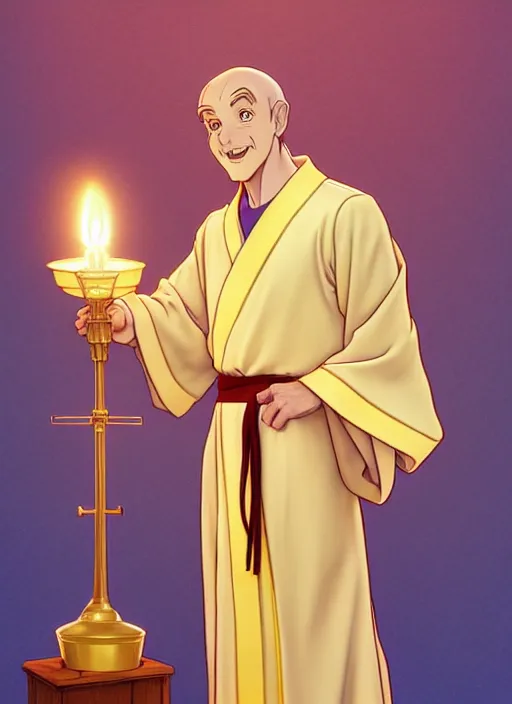 Prompt: pail as a priest wearing robes. holding golden candlestick, in a monestry natural lighting, path traced, highly detailed, high quality, digital painting, by don bluth and ross tran and studio ghibli and alphonse mucha, artgerm