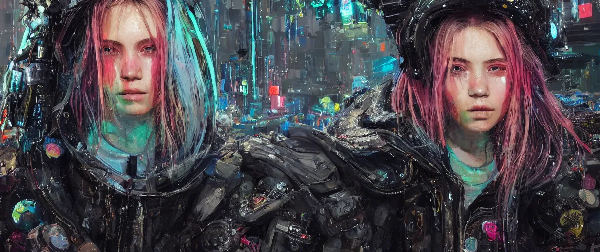 Image similar to detailed portrait neon guard girl with long straight blonde hair seen from the back, cyberpunk futuristic, reflective puffer jacket, black leggings, decorated with traditional ornaments in front of a dystopian crowd with piles of garbage by ismail inceoglu dragan bibin hans thoma, perfect face, fine details, realistic shaded, fine - face, pretty face