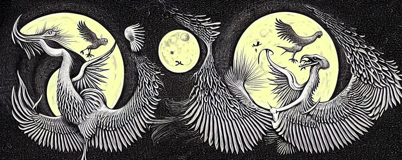 Prompt: a simorgh sings a unique canto'as above so below'to the moon, while being ignited by the spirit of haeckel and robert fludd, breakthrough is iminent, glory be to the magic within, in honor of saturn, painted by ronny khalil