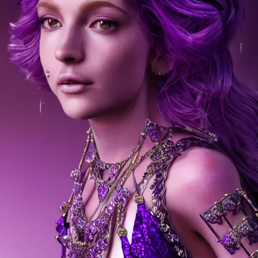 Image similar to portrait princess of amethyst, glowing, ornate and intricate purple jewelry, jaw dropping beauty, glowing background lighting, purple accent lighting, hyper detailed, fairy tale, 4 k octane render