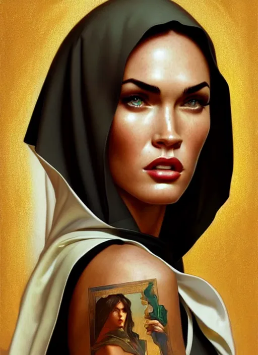 Prompt: portrait of megan fox as a hot and sultry nun, catholic, church, bible, christian, intrigante, headshot, highly detailed, digital painting, artstation, concept art, sharp focus, cinematic lighting, illustration, art by artgerm and greg rutkowski, alphonse mucha, cgsociety